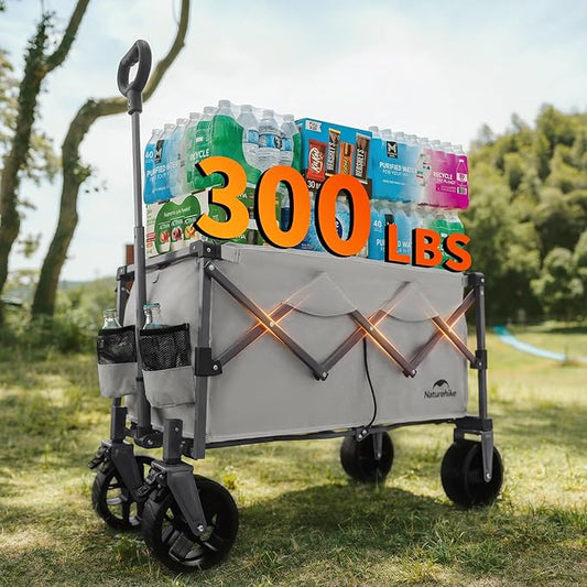 Naturehike Big Wheels Collapsible Wagon Cart, 300lbs Capacity Beach Wagons for Sand, Heavy Duty Foldable Cart with Brakes, Portable Utility Folding Garden Cart for Outdoor