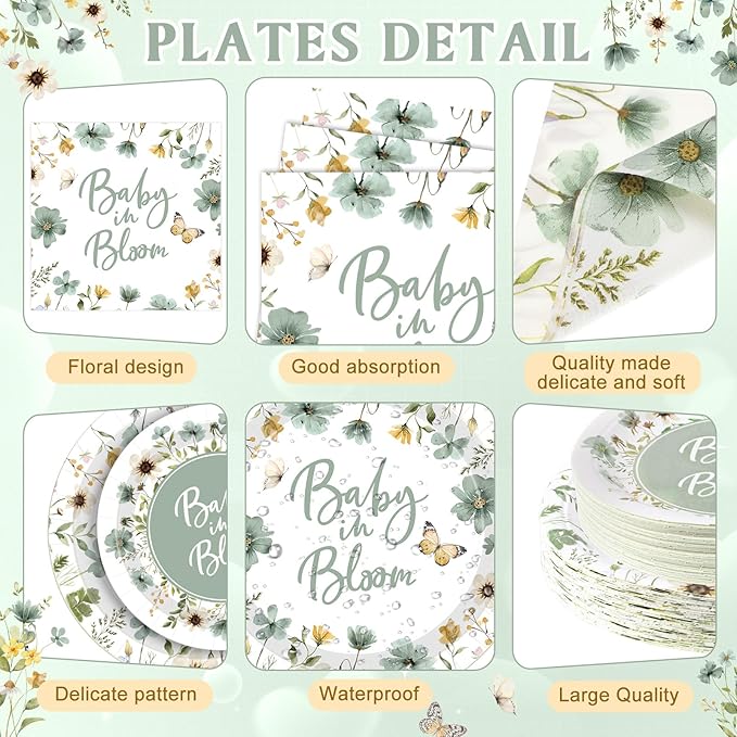 Funnymoom 400 Pcs Baby in Bloom Party Supplies for 50 Guests Green Floral Baby Shower Paper Plates and Napkins Knives Spoon Fork Cup Disposable Wildflower Dinner Party for Spring Greenery Favor
