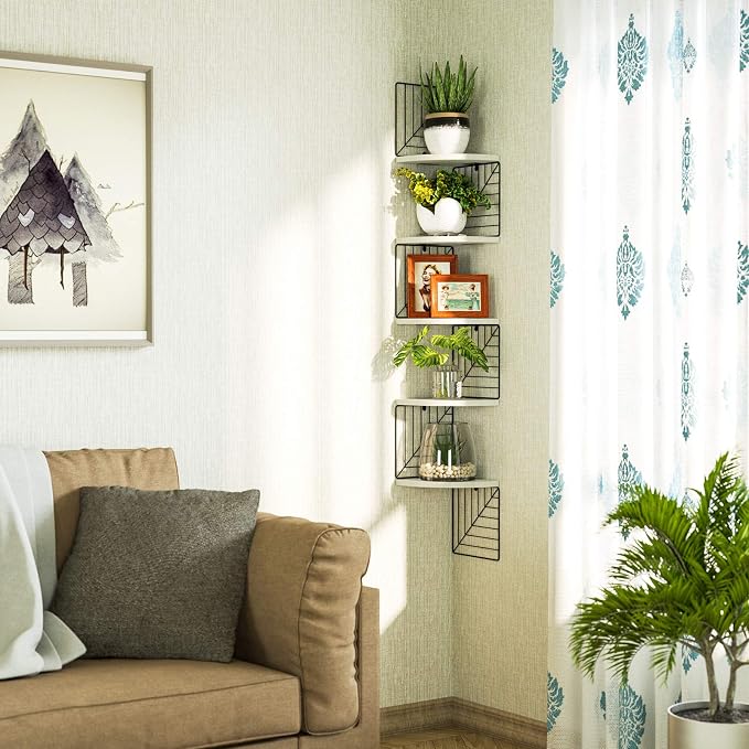 Love-KANKEI Corner Wall Shelf 5 Tier,Solid Wood/Metal Bracket,51"Tall,White