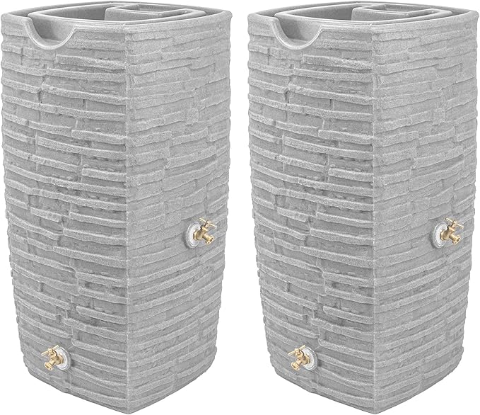 Good Ideas Impressions Riverwalk 50 Gallon Faux Slate Surface Dual Spigot Rain Barrel with 2 Brass Spigots and Screen, Light Granite (2 Pack)