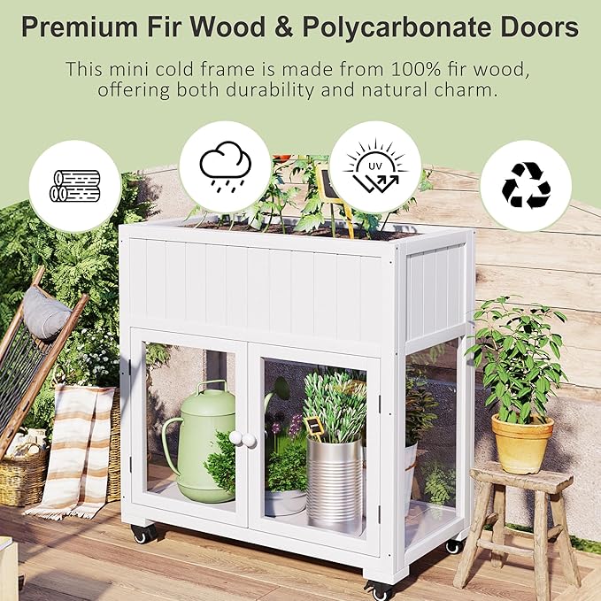 Polibi Patio Mini Wood Cold Frame, Compact 2 Doors Garden Greenhouse with Wheels, Raised Bed with Liner for Indoor Outdoor Use,35.4''x17.7''x37.4'',White