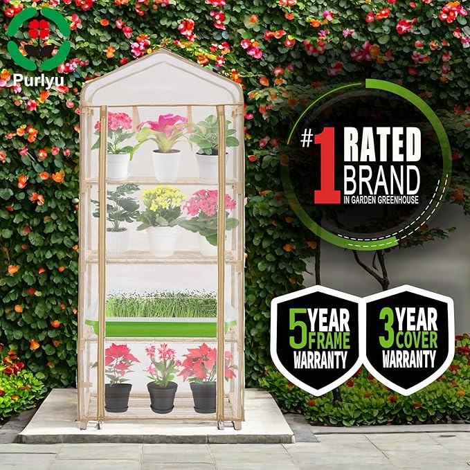 Purlyu Garden 4-Tier Greenhouse – for Indoor Outdoor Gardening Hot House w/ Zippered Cover and Metal Shelves for Growing Vegetables, Flowers and Seedlings (PLGH704OWP)