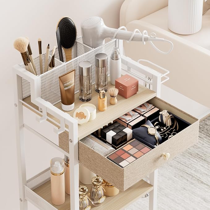3 Tier Bathroom Organizer Shelf with Drawer, Rolling Makeup Cart | Large Make up Organizers, Cosmetics Display Cases for Hair Tool, Skincare, Kitchen, Bedroom, Laundry Room, Dorm, 12.8in