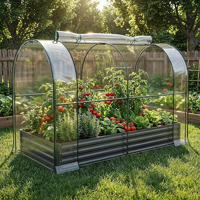 SUNYRISY Galvanized Raised Garden Bed with Greenhouse, Outdoor Metal Planter Box Kit with Bed Cover, Garden Box Protection for Gardening Vegetables Flowers Herbs Planting, Black