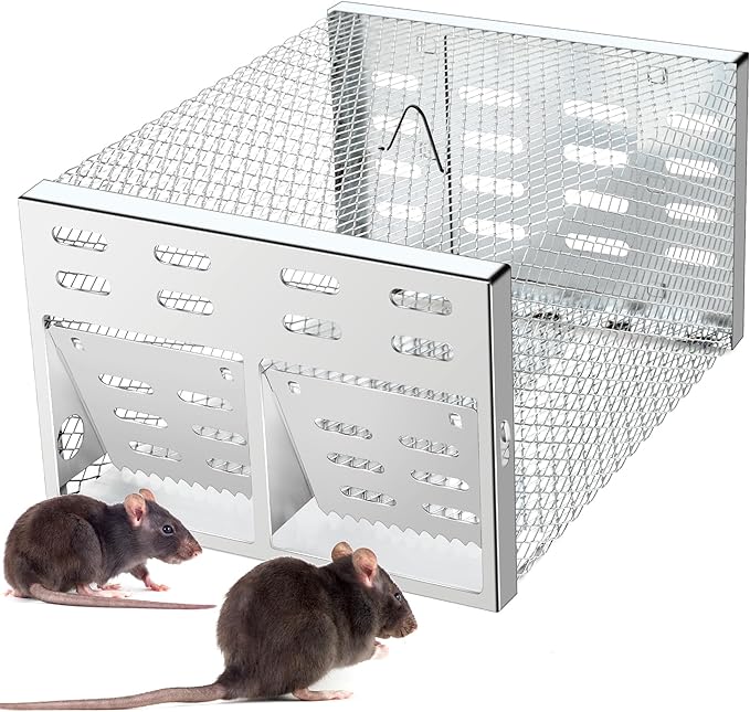 Humane Rodent Trap for Indoor & Outdoor Use - Automatic Multi-Catch Metal Cage with Double One-Way Doors, Reusable Safe Trap for Mice, Chipmunks & Small Animals (Grey)