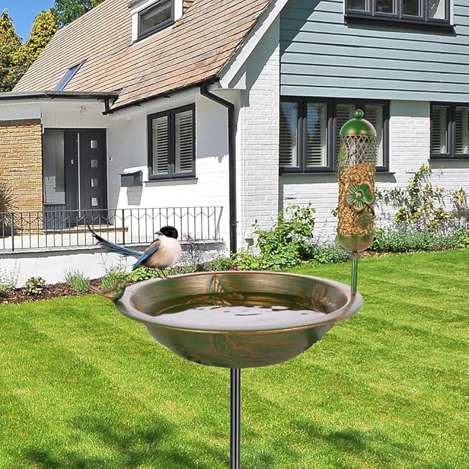 VEWOGARDEN 47 Inch Standing Metal Bird Bath Stake with Birdfeeder, Outdoor Garden Birdbath for Outside Patio, Yard, Lawn Decor