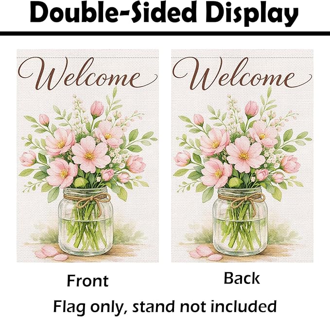 Heyfibro Spring Garden Flag 12x18 Inch Double Sided Welcome Florals Blossom Jar Garden Flag Small Yard Flags for Outside House Farmhouse Seasonal Spring Outdoor Decorations