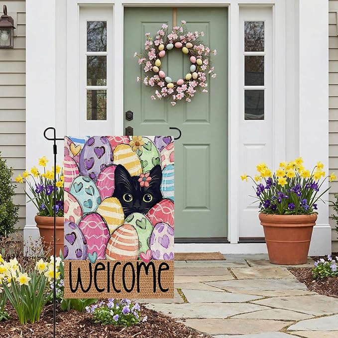 CROWNED BEAUTY Easter Garden Flag Eggs Cat 12x18 Inch Double Sided Holiday Decoration for Outdoor Lawn Yard