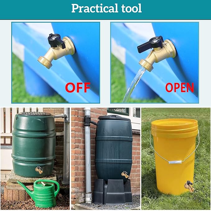 Brass Water Container Rain Barrel Spigot/Faucets， Lead-Free Compliant Spigot 1/2" Inlet to 3/4"GHT Male Thread Outlet with Quarter Turn Spigot Include Bulkhead Fitting and Washers