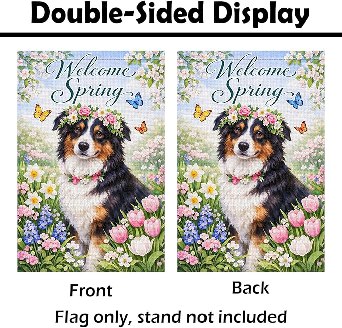 Heyfibro Welcome Spring Garden Flag 12x18 Inch Double Sided Australian Shepherd Dog Garden Flag Small Yard Flags for Outside House Farmhouse Seasonal Spring Outdoor Decorations