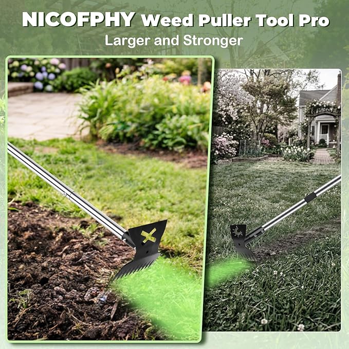 NICOFPHY Weed Puller Tool with Long Handle Pro, 2 in 1 Gardening Weeding Rake and Garden Hoe for Uprooting Grass Gardenia Dandelion, 57" Manual Weeder Weed Pulling Tool for Garden, Yard and Lawn