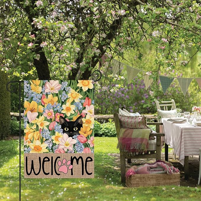 AVOIN colorlife Spring Floral Garden Flag 12x18 Inch Double Sided Outside, Black Cat Welcome Seasonal Yard Outdoor Flag
