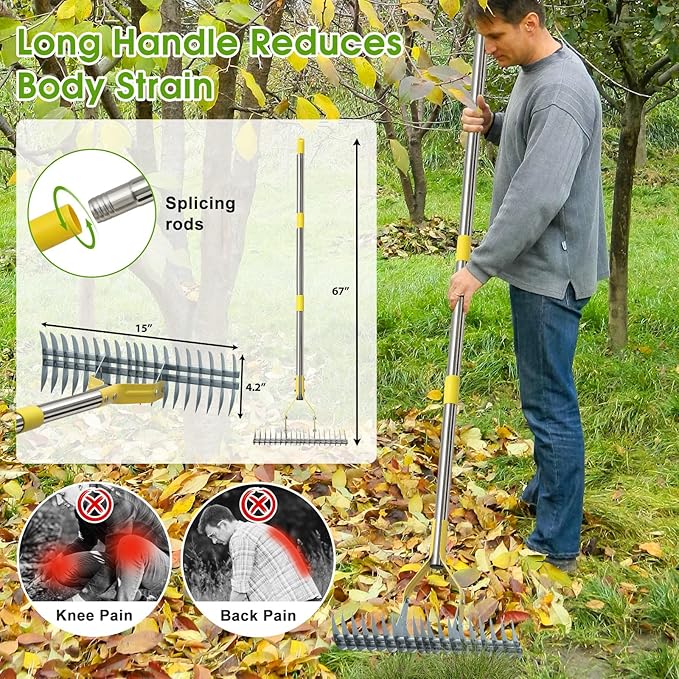 2-in-1 Thatch Rake for Lawn Long Stainless Steel Thatching Rake with Sharp Dethatching Blade Manual Dethatcher & Scarifier Tool for Dead Grass Removal,Soil Loosening Garden Yard Lawn Care (55inch)