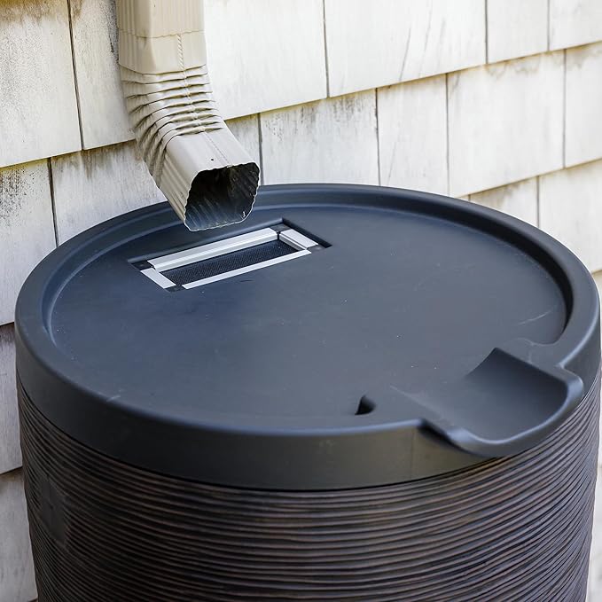 RTS Home Accents Newport 50‑Gallon Flat‑Back Rain Barrel with Stand & Planter Bundle – Bronze | Removable Lid, UV-Stabilized Outdoor Water Storage