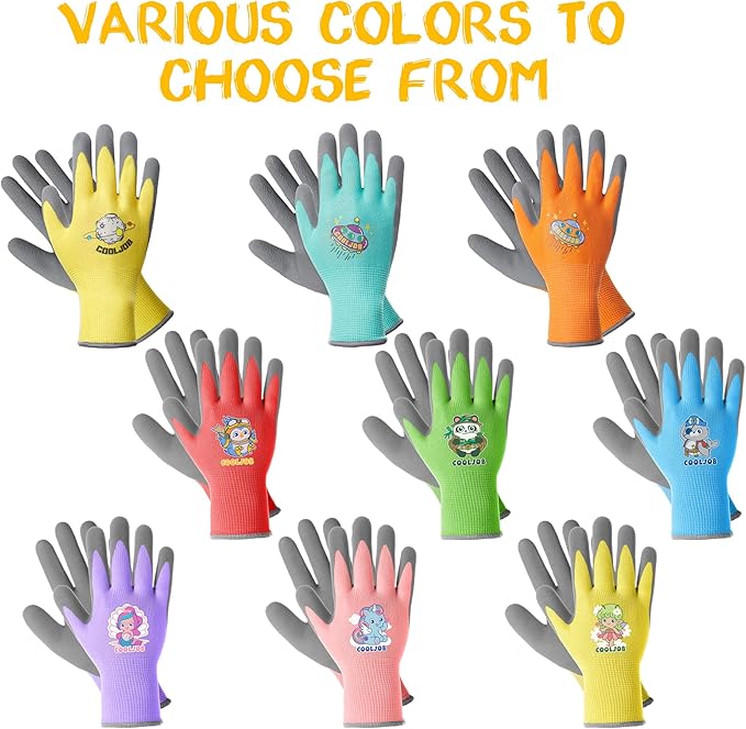 COOLJOB 3 Pairs Kids Gardening Gloves for Age 9-12, Children Toddlers Boys Grippy Rubber Coated Work Gloves, Red & Green & Blue (Explorer, Large L)