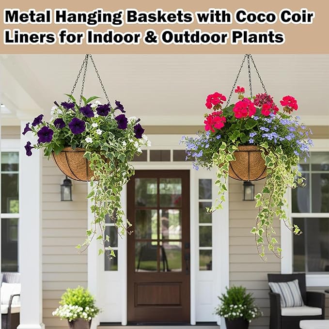 2 Pack 12 inch Hanging Baskets Planter for Plants Vegetables Flowers Outdoor Black Round Wire Plant Holder with Coco Fiber Liners Garden Balcony Patio Deck Porch Indoor Hanging Baskets