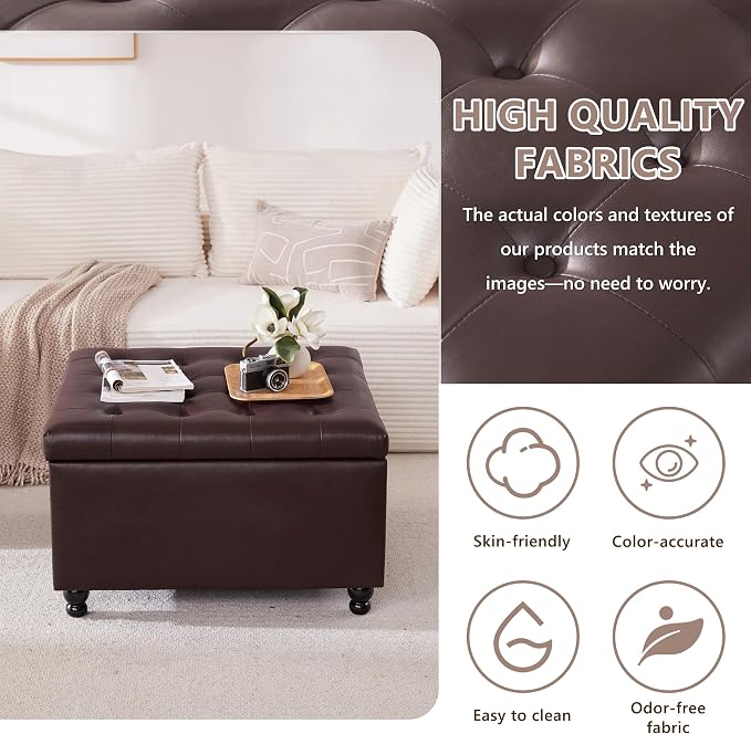 30" Large Square Ottoman with Storage, Leather Ottoman Coffee Table, Brown | Tufted Upholstered Ottoman for Living Room, Oversized Square Storage Ottoman for Bedroom and Entryway, Solid Wood Frame