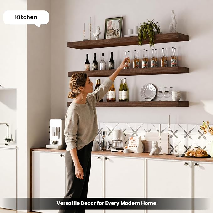 48 Inch Floating Shelves for Wall, Set of 3 | Wood Wall Mounted Shelves with Invisible Brackets, Rustic Farmhouse Long Shelf for Bedroom Living Room Kitchen (Walnut)