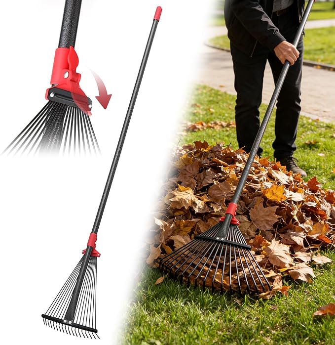 Garden Rake for Leaves: 70 Inch Adjustable Long Handle 18 Metal Tines with 8-17" Expandable Head Heavy Duty Metal Rake for Lawns Leaves Yard Grass Camping Debris