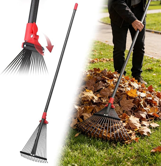 Garden Rake for Leaves: 70 Inch Adjustable Long Handle 18 Metal Tines with 8-17" Expandable Head Heavy Duty Metal Rake for Lawns Leaves Yard Grass Camping Debris