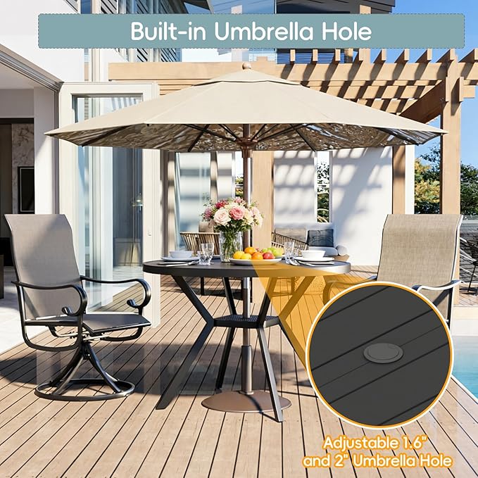 42" Outdoor Patio Table Dining Table, All Weather Metal Round Patio Table with Adjustable Umbrella Hole, Patio Furniture for Lawn Garden Backyard, Black