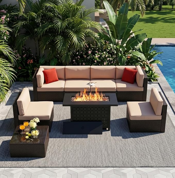 Vongrasig 8 Pieces Patio Furniture Set with 43" Fire Pit, Outdoor Couch Sectional Set, Small Conversation Set, 50,000 BTU Gas Fire Pit Propane Fire Table with Lid, Glass Wind Guard, Beige