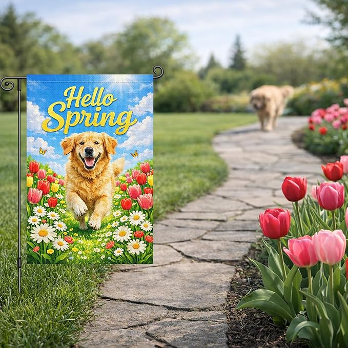 Heyfibro Hello Spring Garden Flag Double Sided 12x18 Inch Golden Retriever Floral Yard Flag for Outside Seasonal Dog Lover Outdoor Decor for Farmhouse Patio Porch