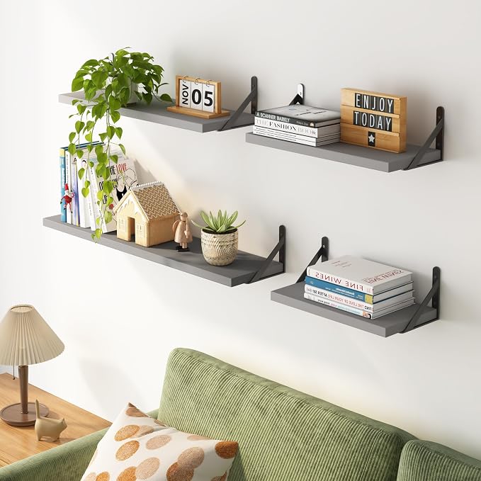 YGEOMER 4 Different Sizes Floating Shelves for Wall Home Decor, Grey | Rustic wood shelves in mixed sizes for flexible combined storage. Fits bathroom, kitchen, living room, bedroom and office.