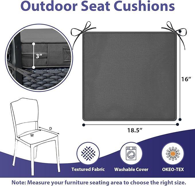 IPYNBAP Outdoor Chair Cushions Set of 4,Waterproof Outdoor Seat Cushions for Patio Furniture,Patio Chair Cushion with Handle and Ties, Square Out Door Chair Pads,18.5" x 16" x 3", Darkgrey