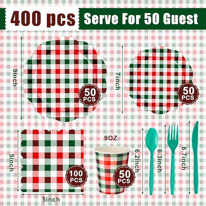 Funnymoom 400 Pcs Christmas Party Supplies for 50 Guests Gingham Paper Plates and Napkins Knives Spoon Fork Cup Disposable Checkered Dinner Party Cutlery for Baby Shower Wedding Favor (Red and Green)