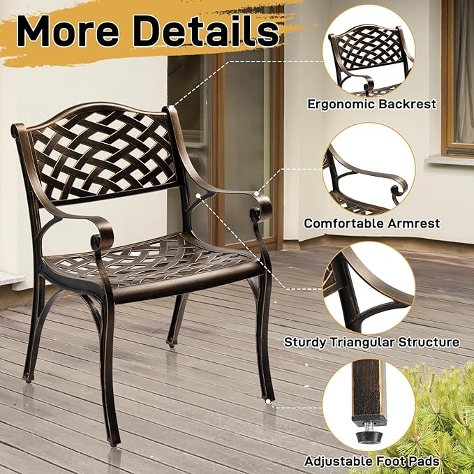 VINGLI Outdoor Dining Chairs Set of 2, Cast Aluminum Patio Chairs, All-Weather Aluminum Outdoor Chairs Patio Furniture for Porch, Bistro, Backyard and Balcony Bronze