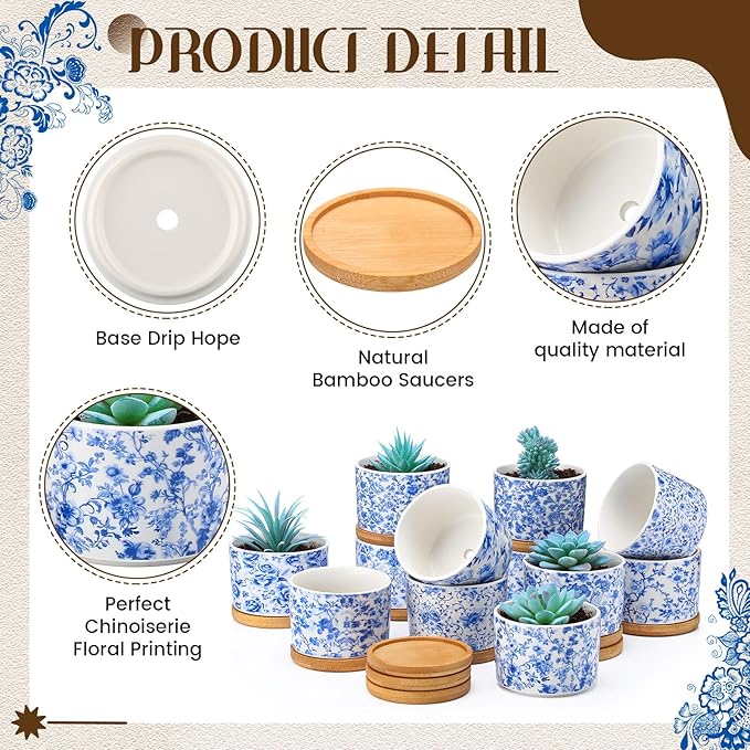 Maxdot 12 Pcs 3 Inch Ceramic Chinoiserie Succulent Pots Blue and White Mini Plant Cylinder Pots with Drainage Holes and Bamboo Trays for Indoor Plants Flowers Succulent Garden Decoration