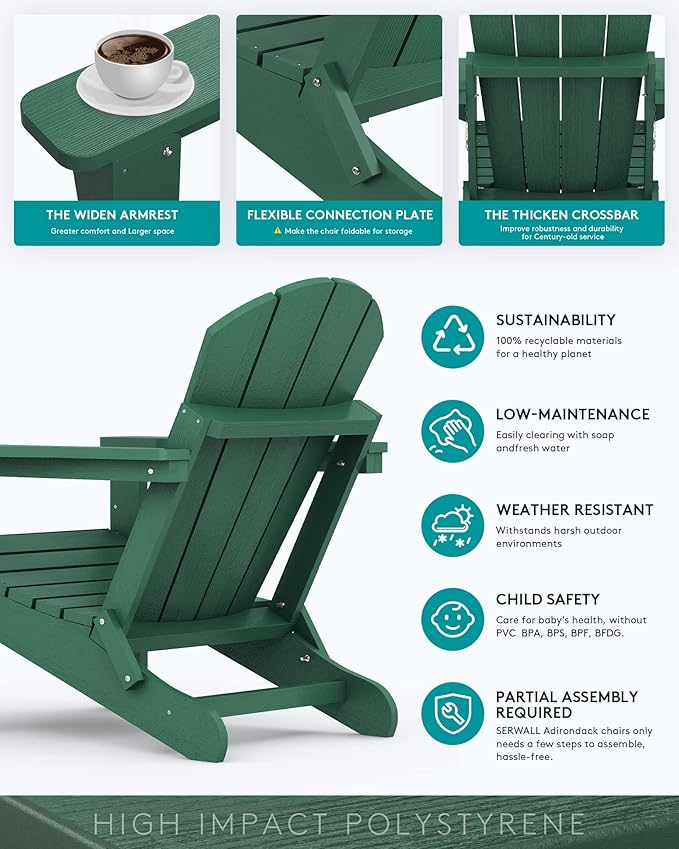 SERWALL Folding Adirondack Chair Outdoor Adirondack Chairs with Cup Holder Weather Resistant Patio Chair with Wood Textured for Patio Deck Garden, Backyard, Fire Pit - Green