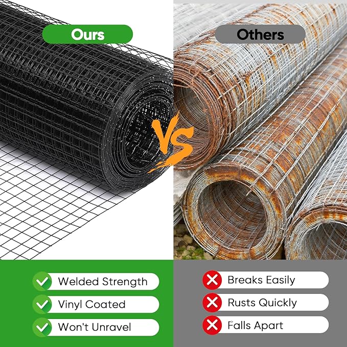 Black Hardware Cloth 24in x 100ft – 19 Gauge Vinyl Coated Steel Wire Mesh Roll, 1" Square Welded Fence for Chicken Coop, Garden Barrier, Animal Control, Outdoor Pet Enclosure, Rodent Proofing