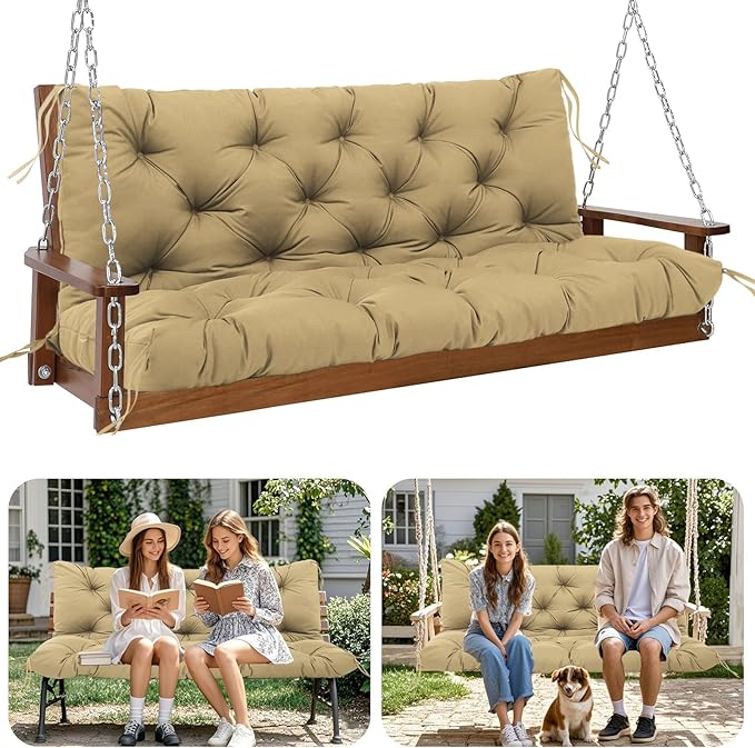 Premium 5" Thick Waterproof Outdoor Swing Cushions 3 Seater Sturdy Durable Porch Cushions 58 inch with Backrest&Ties Swing Cushions for Outdoor Furniture Backyard (Khaki, 58x40x5inches)