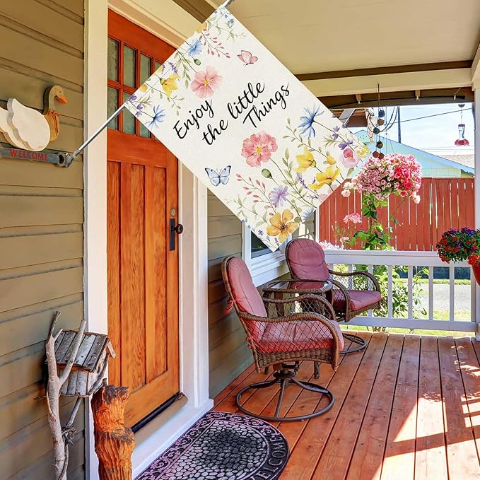 Louise Maelys Spring House Flag Enjoy The Little Things Butterfly Watercolor Flower Double Sided 28X40 Inch Floral Seasonal Welcome Small Burlap Holiday Yard Sign Outdoor Decor