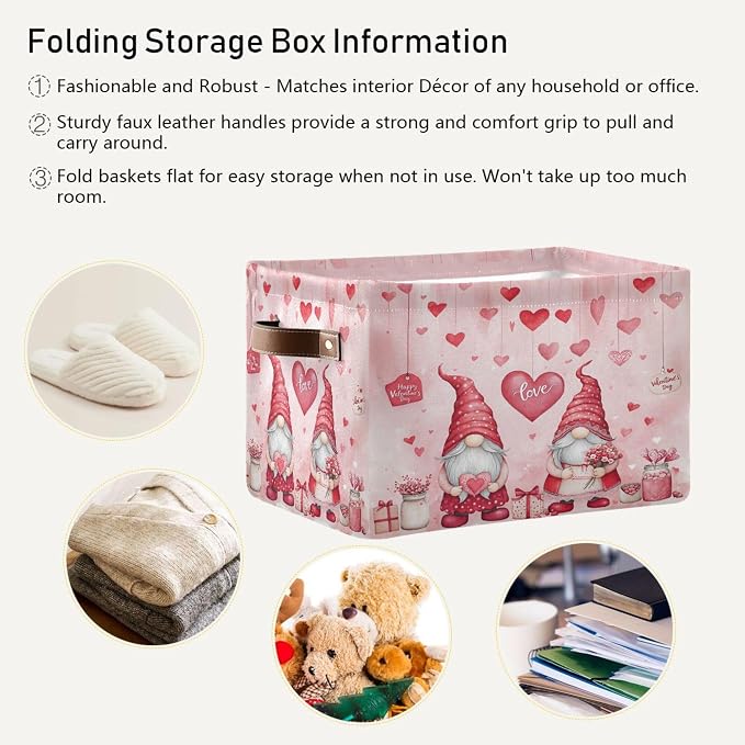 Happy Valentine’s Day Pink Storage Basket with Waterproof Liner and PU Handles Love Heart Gnomes Gift Storage Bins Boxes 14.2" Collapsible Decorative Organizer Baskets for Bedroom Closet Office 1 Pack