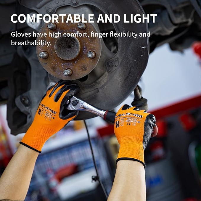 MANUSAGE Safety Work Gloves for Men and Women - Nitrile With Touchscreen Fingers and Grip - Mechanics Gloves (Size XL, Orange, 6-Pairs)