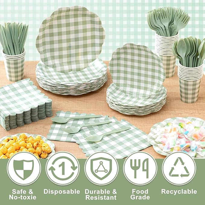 Funnymoom 400 Pcs Gingham Party Supplies for 50 Guests Green and White Paper Plates and Napkins Knives Spoons Forks Cups Disposable Checkered Dinner Party Set Cutlery for Baby Shower Wedding Favor