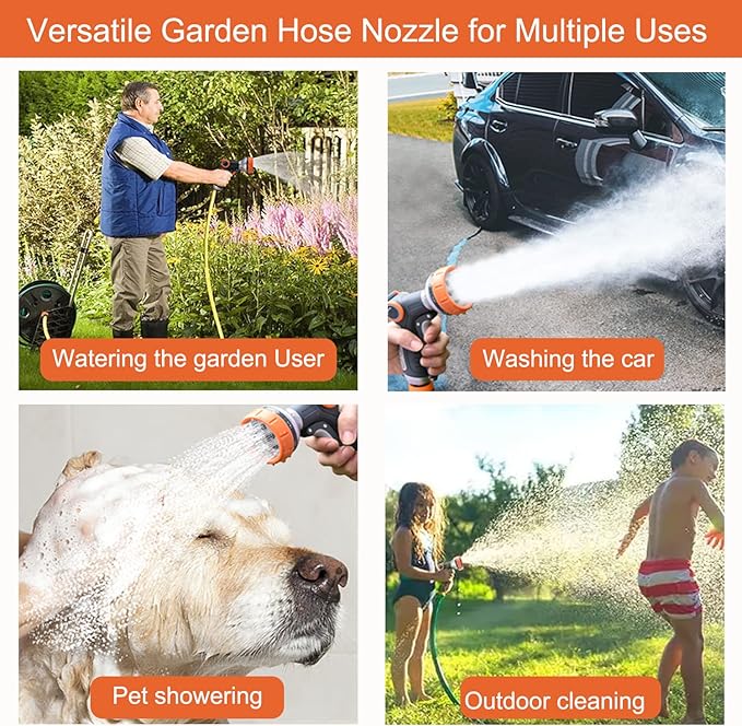 Garden Hose Nozzle Heavy Duty, High Pressure Adjustable 8 Patterns Metal Water Hose Nozzle Volume Control Valve Attachment Hose Sprayer Nozzle for Outdoor Garden Watering Car Washing Pet Showering