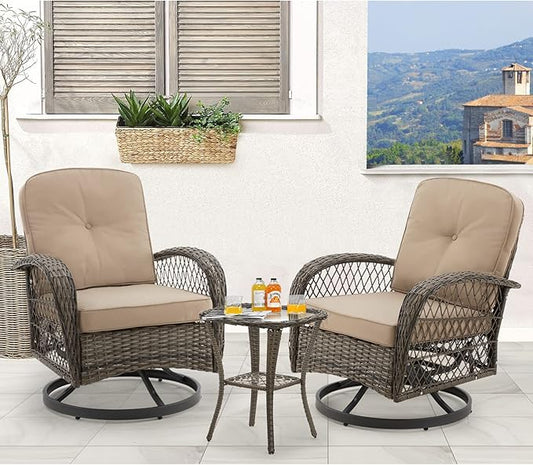 MELLCOM 3 Pieces Patio Furniture Set, Outdoor Swivel Rocker Patio Chairs, Wicker Patio Bistro Set with Rocking Chair, Thickened Cushions and Glass Coffee Table for Backyard, Garden, Khaki