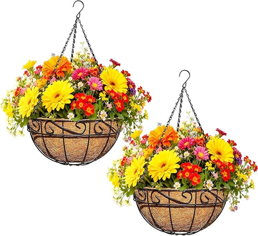 2 Pack 12 Inch Metal Outdoor Hanging Baskets Black Heavy Duty Hanging Planters with Coco Liners for Indoor Outdoor Plants Gardens Patios Terraces（Lace）