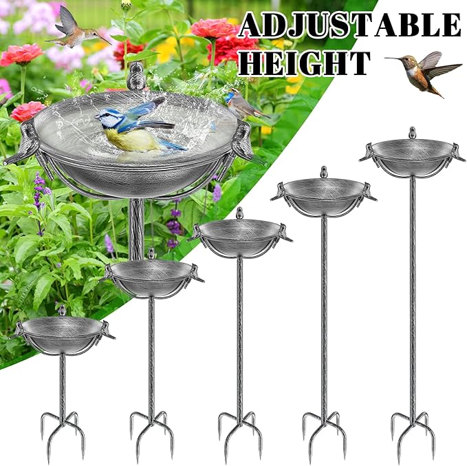 58In Freestanding Birdbaths Bowl Outdoor, Free Standing Garden Bird Bath Feeder Bowl with 3 Bird Statues, Birdbath & Birdfeeder with Metal Stake Garden Yard Lawn Decor (Retro Silver)