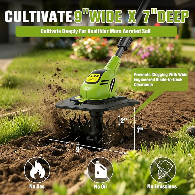Electric Tiller Cultivator for Gardening, 360RPM Cordless Tiller with 48 Steel Tines, 9 Inch Tilling Width, 20V Battery Powered Garden Cultivator, Small Garden Tiller for Soil with 2 * 2.0Ah Batteries