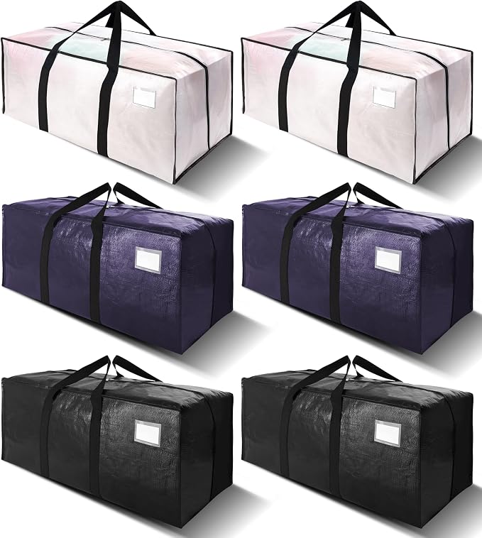 VELVETSURE 6 Pack Heavy Duty Large Moving Bags W/Backpack Straps - Strong Handles & Zippers, Storage Totes, Fold Flat, Alternative to Moving Box and Storage Bin, Semi-Transparent+Blue+Black