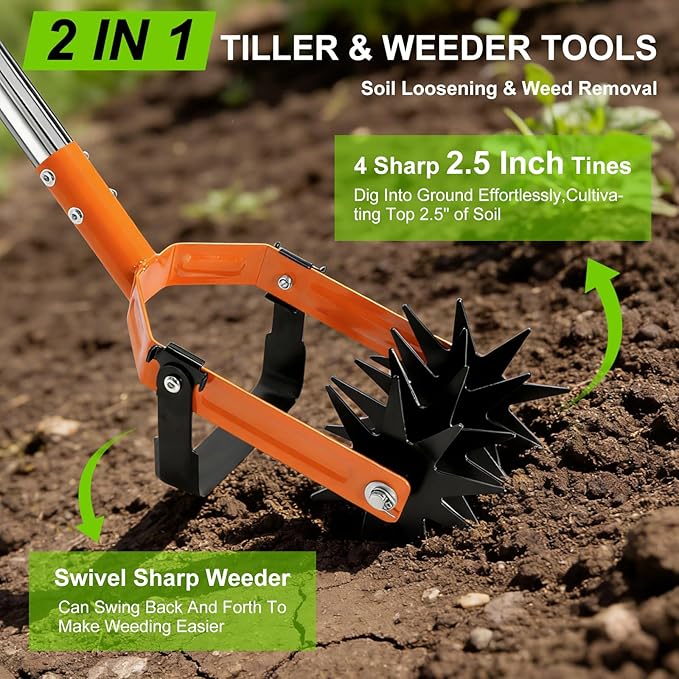 Rotary Cultivator Garden Rotary Tiller with Adjustable Stainless Steel 43"-72" Long Handle,Heavy Duty Hand Rolling Tiller Tines Garden Tool for Aerate