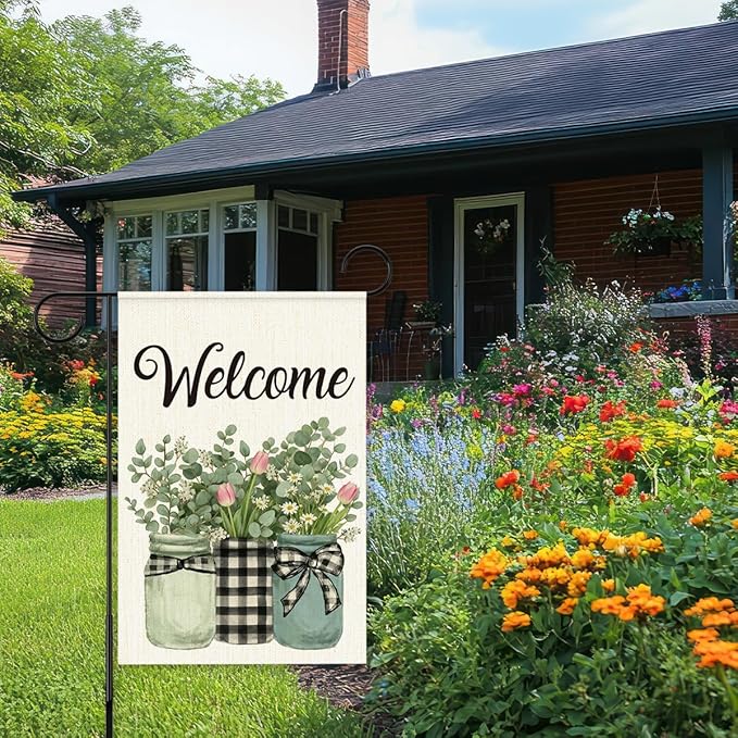 Welcome Flags for Outside,Spring Eucalyptus Buffalo Plaid Garden Flag for Yard Patio Lawn Decoration,12x18 Inch Double Sided