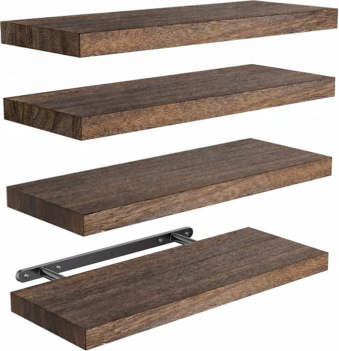 Amada Paulownia Wood Floating Shelves for Wall, Set of 4, Brown | Wall Shelves with Solid Metal Concealed Brackets, 22 lbs Capacity per Shelf, Includes Drilling Template, Flexible 4-Piece Set