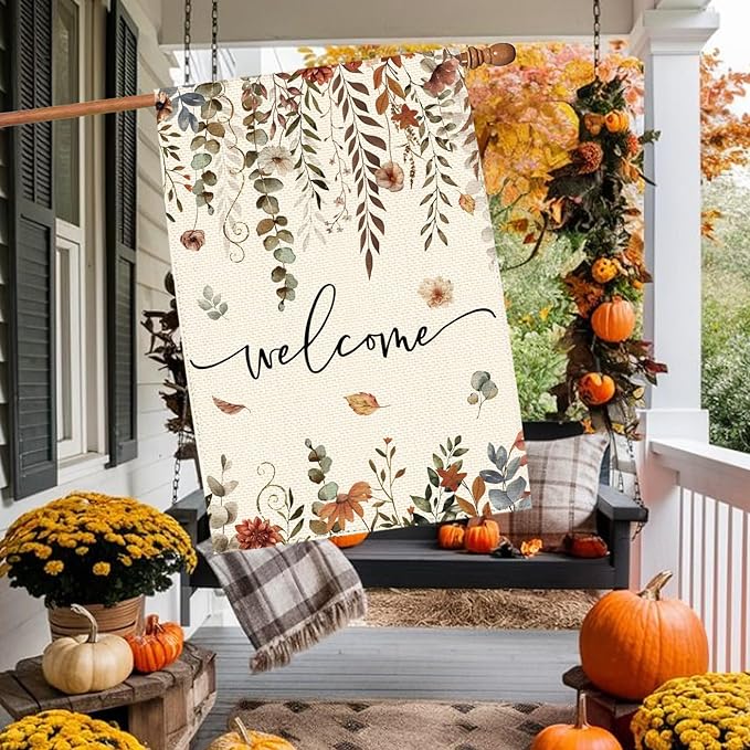 Fall Thanksgiving Eucalyptus Floral Welcome Garden Flag 28 x 40 Inch Double Sided, Autumn Flower Burlap Large Yard House Flag Farmhouse Seasonal Holiday Patio Outdoor Outside Decoration