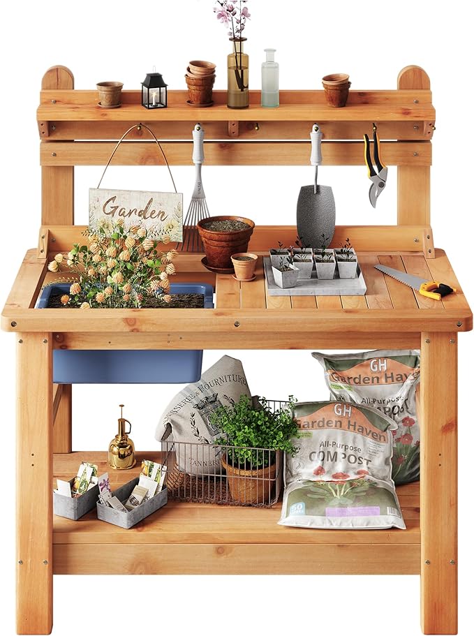 Jocisland Solid Fir Wood Outdoor Potting Bench Table with Large Tabletop, Heavy-Duty Garden Workstation with Removable Plastic Bin, Multi-Level Storage Shelf, Easy Assembly for Patio, Yard & Gardening